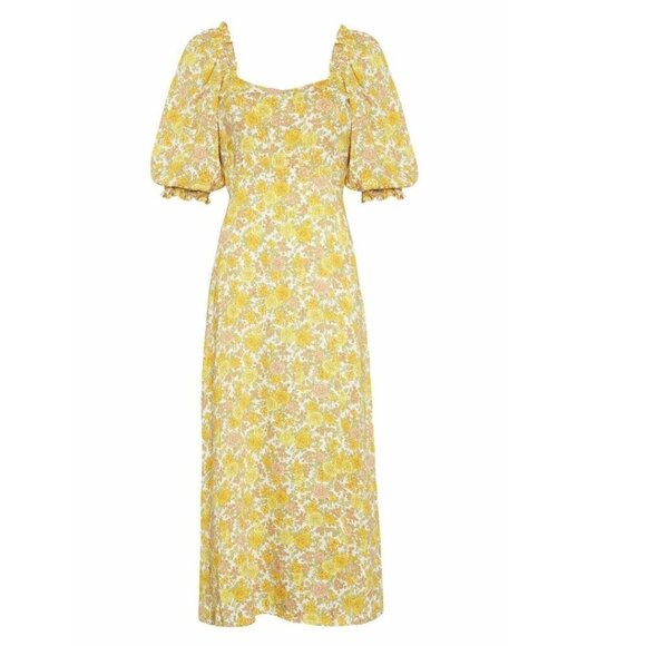 Faithfull The Brand Dress 10 Yellow Floral Puff Short Sleeve A-Line Midi Bronte - Picture 5 of 7
